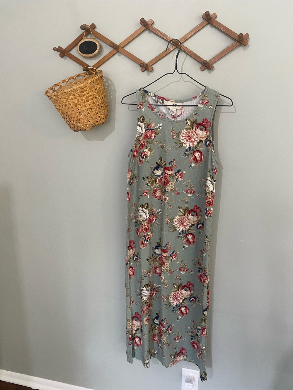 Vintage Sage Green Floral Dress with Red and Cream Blooms